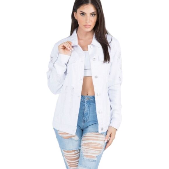 AMERICAN EAGLE White Ripped, Distressed, Cropped Denim Jacket Size Large - Picture 4 of 16